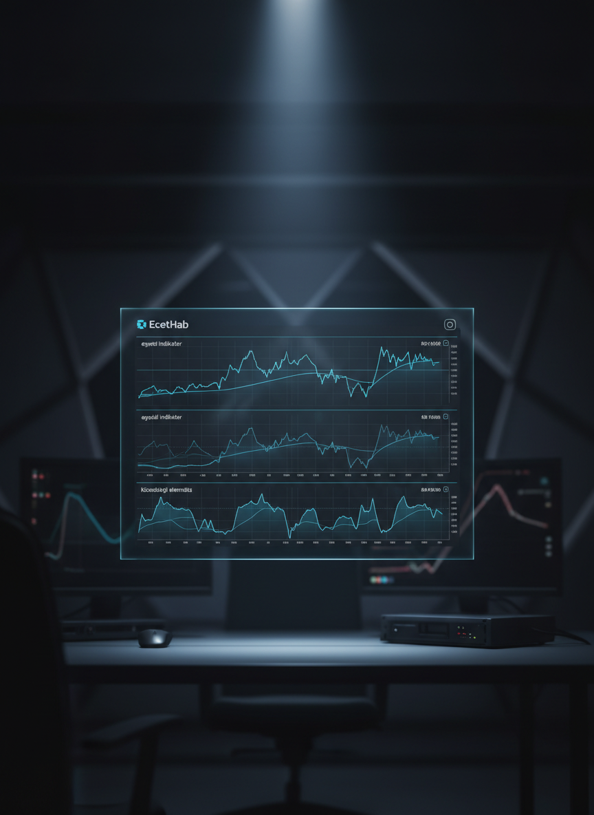 An elegant, minimalist dark-mode dashboard concept for EcetHab, displayed on a floating glass panel in a dim, modern workspace. The panel shows multiple synchronized trading charts with unique custom indicators, labeled in clean Hungarian text such as “egyedi indikátor” and “közösségi elemzés.” Thin neon-blue grid lines and luminescent indicator curves stand out against the matte charcoal background. Around the floating panel, faintly blurred outlines of other screens and hardware create depth. A cool, focused spotlight from above illuminates the glass surface, creating subtle edge glows and reflections, while the rest of the room fades into soft darkness. Captured head-on with a centered composition and sharp focus, evoking a high-tech, professional, and forward-thinking atmosphere in realistic photographic style.