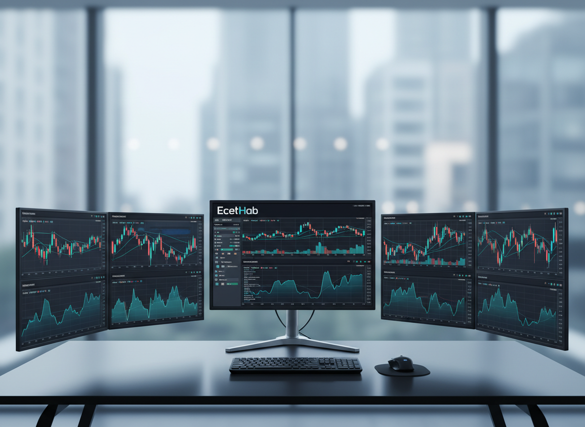 A wide, ultra-clean trading workstation displaying multiple high-resolution monitors filled with professional candlestick charts and custom technical indicators in vibrant blues and teals. The central screen shows a complex dashboard labeled “EcetHab” with sleek panels, oscillator windows, and indicator overlays on a dark theme chart. The setup rests on a minimalist matte-black desk with a subtle reflection of the screens, in a quiet, modern office with glass walls blurred in the background. Cool, diffused daylight from a large window illuminates the scene, creating gentle highlights on metallic surfaces. Photographed at eye level with a slightly wide angle, sharp focus on the charts and a soft bokeh background. The mood is professional, focused, and analytical, with a photographic realism and clean, modern aesthetic.