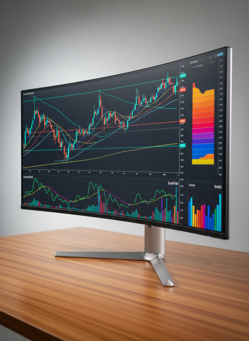 A close-up of a single ultra-wide monitor displaying a detailed trading chart featuring custom EcetHab indicators: multi-colored moving averages, a heatmap volume profile, and a lower panel with oscillators and trend strength bars. The chart background is a dark slate gray, with crisp neon-like lines in turquoise, amber, and white. The monitor stands on a brushed aluminum stand atop a smooth wooden desktop with soft grain visible. Subtle reflections of the chart glow on the desk surface. Soft studio lighting from the side creates gentle highlights on the screen edges and muted shadows beneath the stand. Shot from a slightly angled side perspective with shallow depth of field, emphasizing the clarity of the indicators. The mood is precise, technical, and modern in photographic realism.